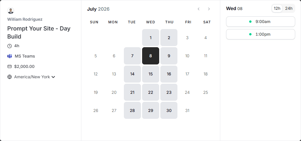 Booking the half-day build — the Cal.com calendar for a 4-hour Prompt Your Site Day Build session.