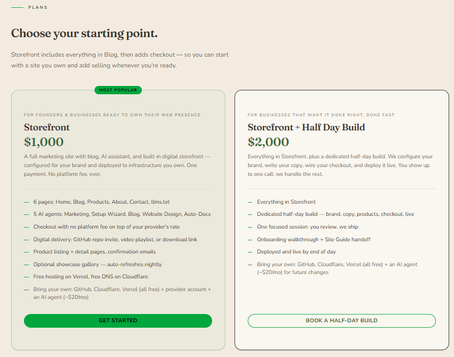 The storefront's products and pricing page — built-in checkout, product listing, and detail pages you own outright.